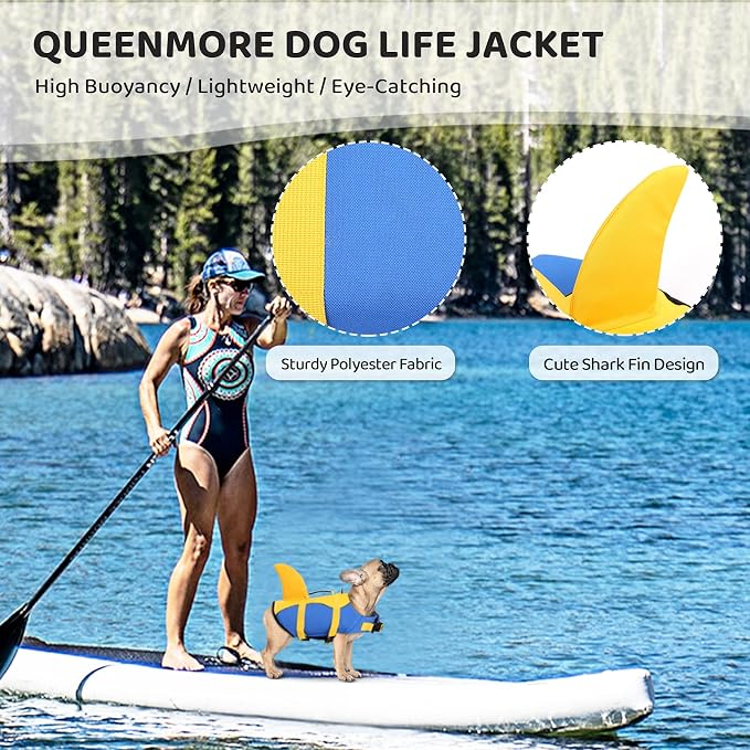 Dog Life Jacket, Adjustable Dog Life Vest, Pet Lifesaver for Swimming, Shark Life Jacket with Rescue Handle, Rip-Stop Safety Vest for Small Medium Large Dogs