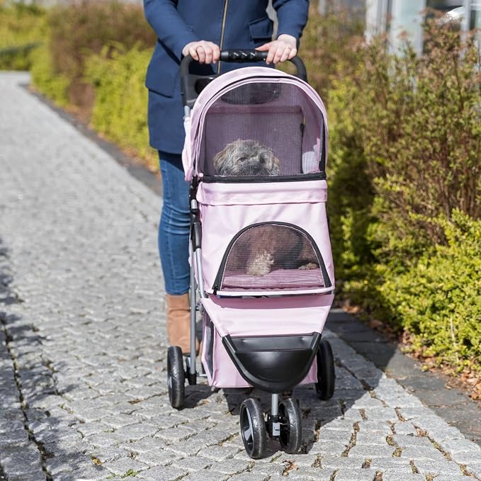 Trixie Foldable Pet Stroller for Cats and Dogs, Pet Carrier Strolling Cart with Weather Cover, Storage Basket, Cup Holder, Pink