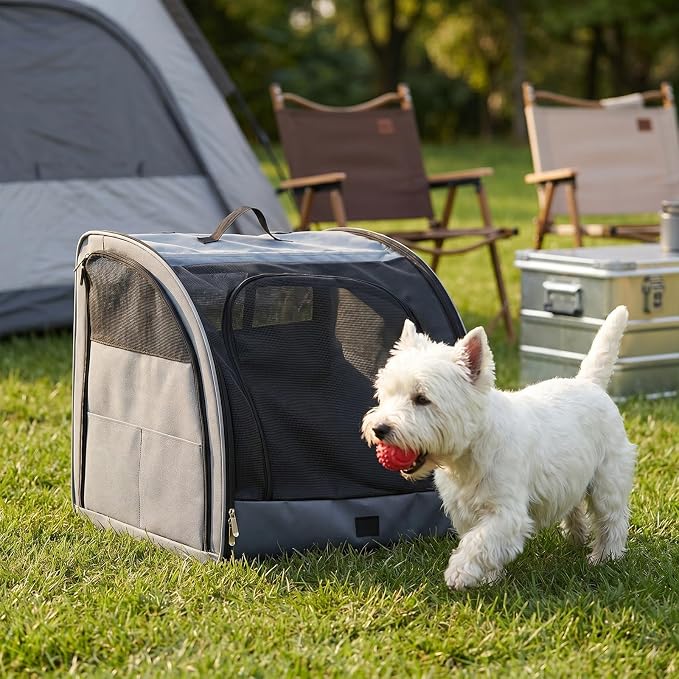 Dog Car Crate, Enclosed Foldable Cat Car Seat Carrier, 20x19x19.5in, Gray | Portable Dog Cat Carrier with Seatbelt Attachment & Headrest Strap, Soft-sided Pet Kennel with Bed for Pet Travel up to 25 lb