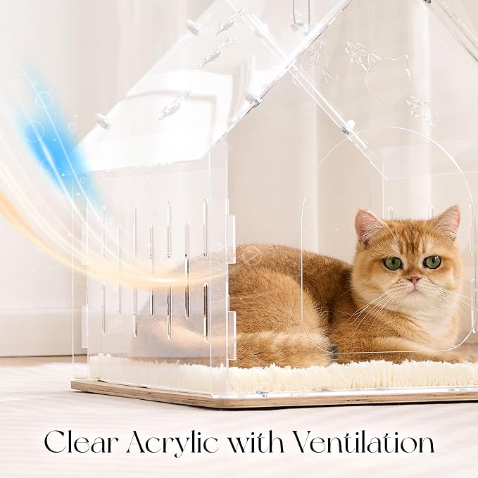 Acrylic Cat House for Indoor Cats, Transparent Cat Bed Cave with Plush Cushion & Hanging Toys, Modern Ventilated Cat Condo with Sturdy Wooden Base for Adult Cats & Kittens up to 15 lbs, White
