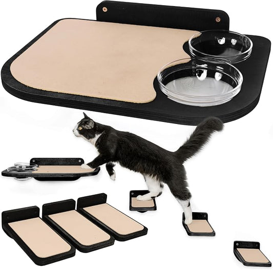 INICIO Cat Shelves - Feeding Shelf with 3 Cat Wall Steps - Natural Wood | Cat Wall Shelves with Wall Mounted Cat Food Bowls - Dog Proof Feeding Station and Convenient Feeder for Cats up to 15lbs