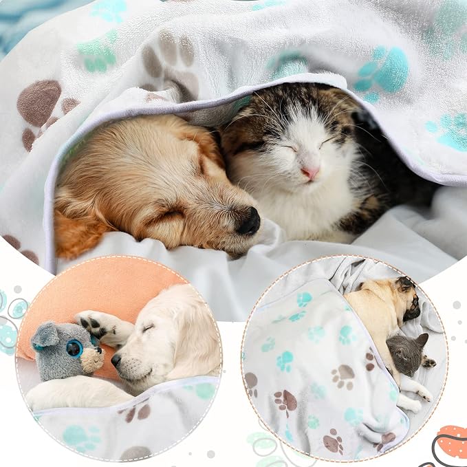 Tatuo 4 Pack Fleece Dog Blankets for Puppy Cats Multi-Size Sleep Mat for Pet Guinea Pig Soft Washable Warm Crate Bed Puppy Teething Toys Print Pattern Blanket Indoor(Milky White,24 x 16 Inch,Paw)
