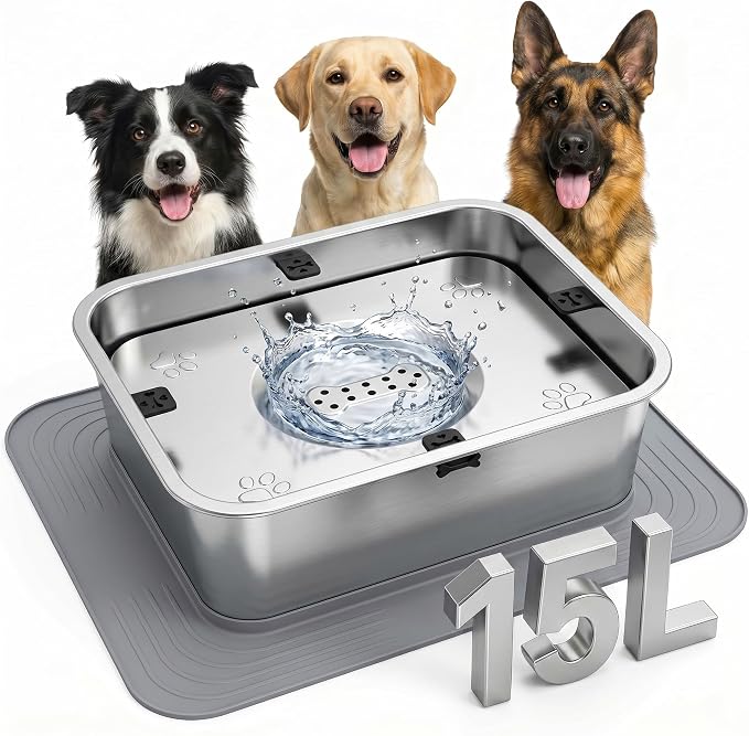 15L/3.96Gal No Spill Dog Water Bowl, Non-Slip Mat for Large Dogs | Spill Proof Water Bowl with 304 Stainless Steel Floating Disk, Slow Drinking Pet Bowl for Messy Drinkers, Indoor/Outdoor
