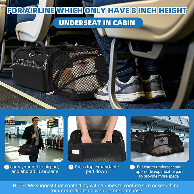 pidipiti 18x14x8 Soft-Sided pet Carrier,for 1 Extra-Small Dog/Medium cat | top and 1 side Expandable,TSA Approved,for Airlines only Have 8'' Height Space underseat,with zipper lock,good Visibility