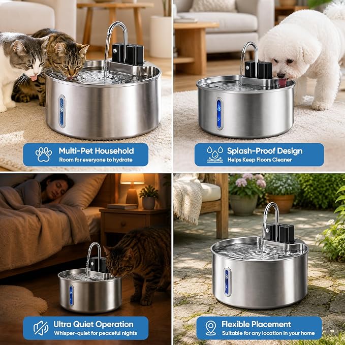 Selene Dog Water Fountain, 7L Stainless Steel Dog Water Fountain with Visual Water Level, Super Quiet Dog Water Bowl, 5-Stage Filtration Pet Water Dispenser, Easy to Clean (7L)