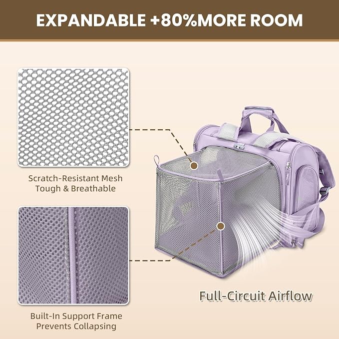Expandable Cat Carrier Backpack for Large Cats - Airline Approved Pet Carrier Backpack for Small Dogs, Hiking & Travel, Waterproof with Breathable Mesh, 22lbs Capacity (Lavender, Large)