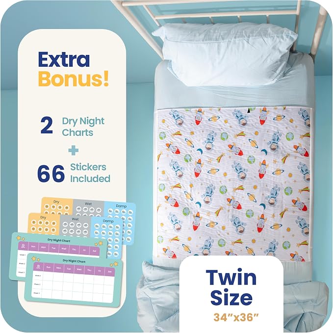 IMPROVIA® Pee Pads for Kids - Bed wetting Pads for Kids Potty Training Bed mats for Toddlers Waterproof Reuseable Washable Absorbent, Non Slip - Space Design - Twin Size 34”x36 (2 Pack)
