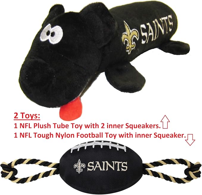 NFL New Orleans Saints PET GIFT BOX with 2 Licensed DOG TOYS, 1 Logo-engraved NATURAL DOG TREAT, 1 NFL JERSEY, 1 NFL Puppy Training Bells & 1 Car Seatbelt