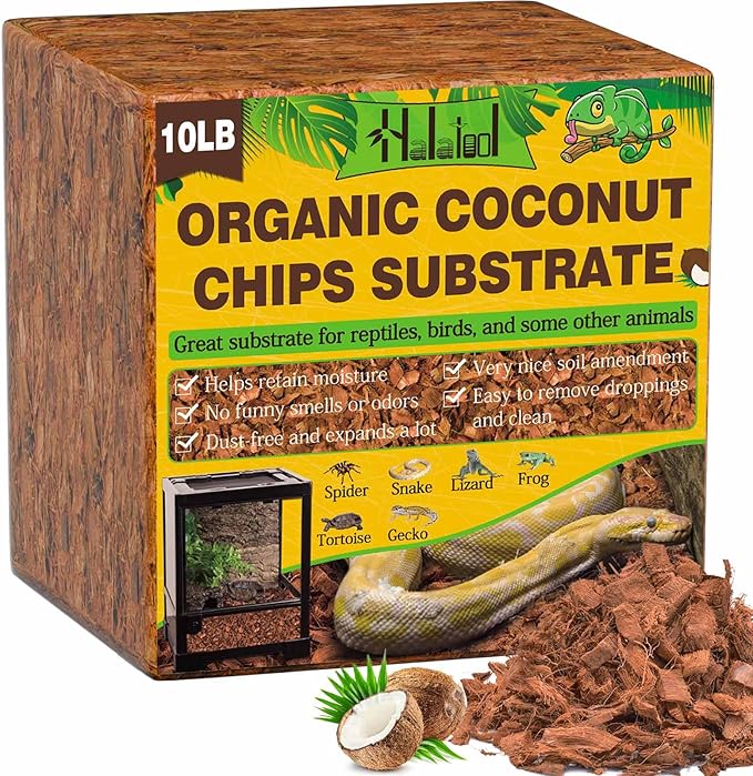 Halatool 10 LB Coconut Chips Substrate for Reptile, 72QT Natural Coconut Husk Coco Cypress Mulch Aquarium Terrarium Bedding for Corn Snake Ball Python Tortoise Frog Gecko Hermit Crab Reptile Tank