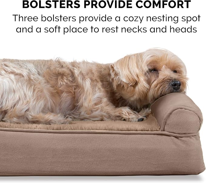 FurHaven Orthopedic Foam Sofa Dog Bed with Washable & Removable Cover - Plush/Suede - Almondine, Dogs Up to 35 lbs - Medium