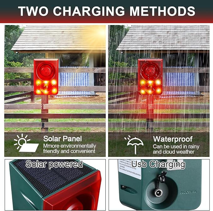 Qualirey 4 Pcs Solar Outdoor Motion Sensor Alarm Animal Deterrent Gunshot Sound Dog Barking 130db Loud Noise Maker 3 Modes with USB Remote Control, Support Recording and Volume Adjustment (Red)