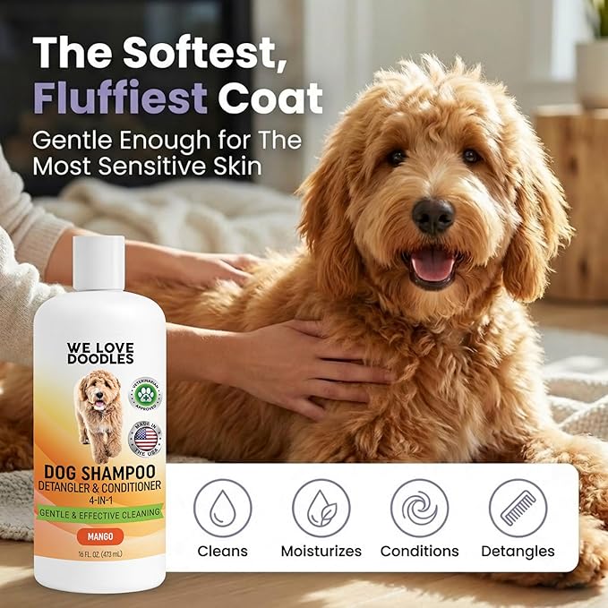 Dog Shampoo, Conditioner & Detangler - Best Shampoo for Goldendoodles, Poodles & Doodles Pet Hair - Hypoallergenic, Tearless, Sensitive Skin for Puppies & All Dog Breeds - Made in USA, 16OZ (Mango)