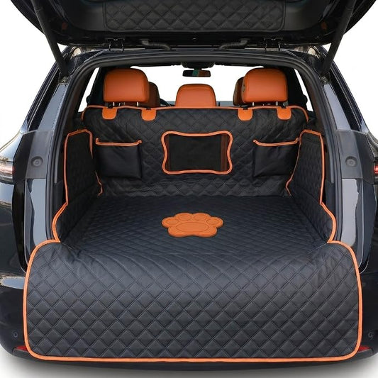 SUV Cargo Liner for Dogs, Heavy Duty Non- Slip PU Leather Dog Trunk Cover for SUV with Bumper Flap, 100% Waterproof Back seat Cover, Universal Fit for Mid-Size & Large SUVs (Dog Paw, L)