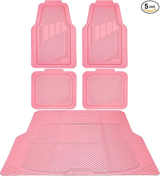 CAR PASS Heavy Duty Rubber Floor Mats Pink Car Mats Full Set with Trunk Cargo Liner - Universal Waterproof Floor Mats for Car SUV Truck, Durable All Weather Liner Mats Automotive Women (All Pink)