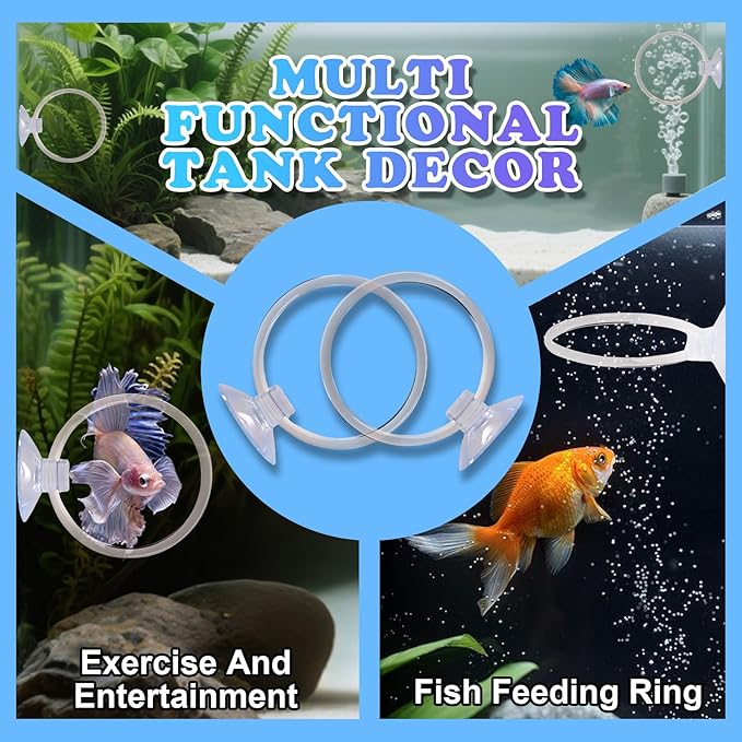 Betta Fish Toys, 2 PCS Fish Exercise Ring and Nitrifying Balls Set, Betta Mirror Toy Set, Feeding Ring with Suction Cup, Fishing Tank Accessories for Gifts (Clear)