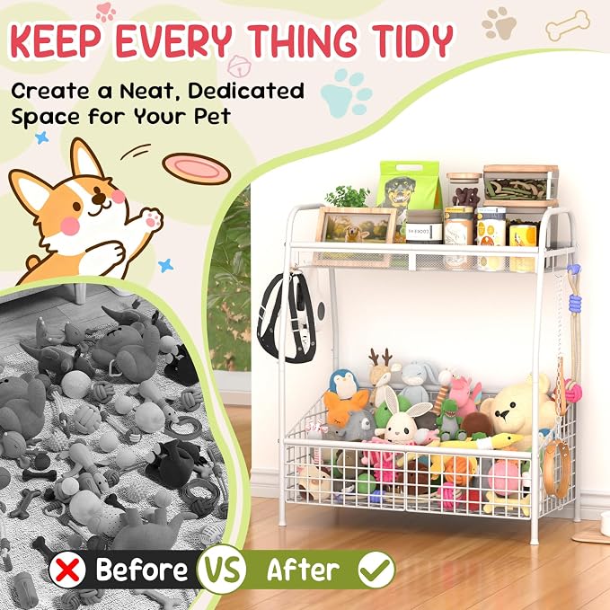Kaiferty Indestructible Large Dog Toy basket, Toy Box for Dogs,Pet Toys Bin Dog Metal Wire Basket for Toys, Food Storage, Storage Organizer Chest Storage, Toy Box for Living Room Area (White)