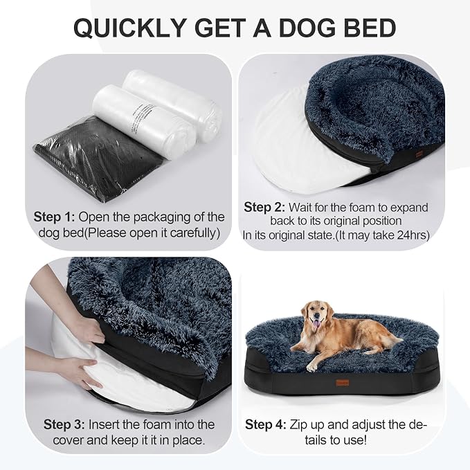 iweepet Fluffy Orthopedic Dog Beds for Large & Extra Large Dogs, 44" Calming Dog Sofa Bed with28D Egg-Crate Foam, Removable Washable Cover, Waterproof Lining, for Puppy,Senior,Sick