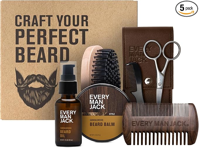 Every Man Jack Beard Care Gift Set for Men – Complete Grooming Kit with Beard Oil, Balm, Brush, Dual-Sided Comb, Trimming Scissors & Mustache Comb - Sandalwood Scent