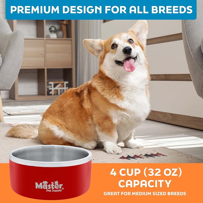 Master Pet Supply Stainless Steel Dog Bowls - 32 oz, Heavy Duty - Crimson Flame, Double Wall Extra-Thick Insulated, Non-Slip Pet Water Bowl for Dogs, Cats & Pets, Anti Rust Metal, Dish Washer Safe