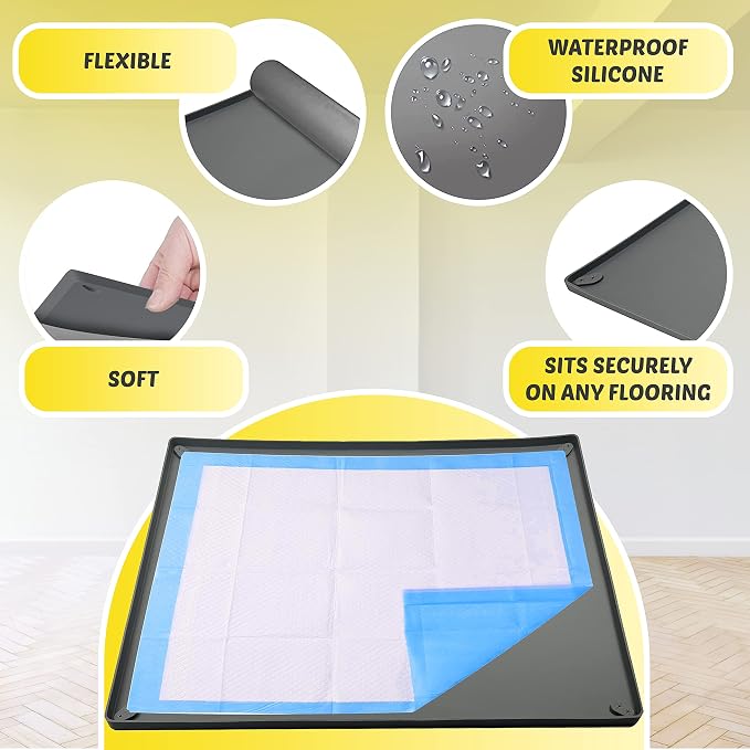 Skywin Dog Pee Pad Holder Tray Fits for 36” x 36” Pee Pads - 1 Pack - Grey | Corner Lock Holes, Raised Edges, Non-Spill, Easy to Clean Silicone Dog Potty Tray Holder, For Indoor Floor Protection