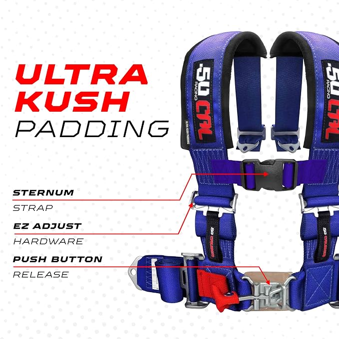 1pc 50 Cal Blue 4 Point Harness 3 inch straps, Racing Harness Seat Belt | Ultra Kush padding, Push Button quick release hardware. Universal Fit for UTV, RZR, race car