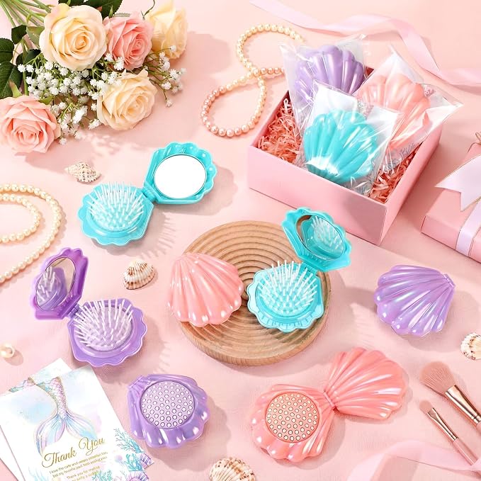 LemonRoad 24 Sets Mermaid Party Favors Shell Hair Brush with Mirror Card, Foldable Mini Travel Compact Hair Brush for Women Birthday, Bachelorette, Under The Sea, Beach Party Gifts(Pink Purple Teal)