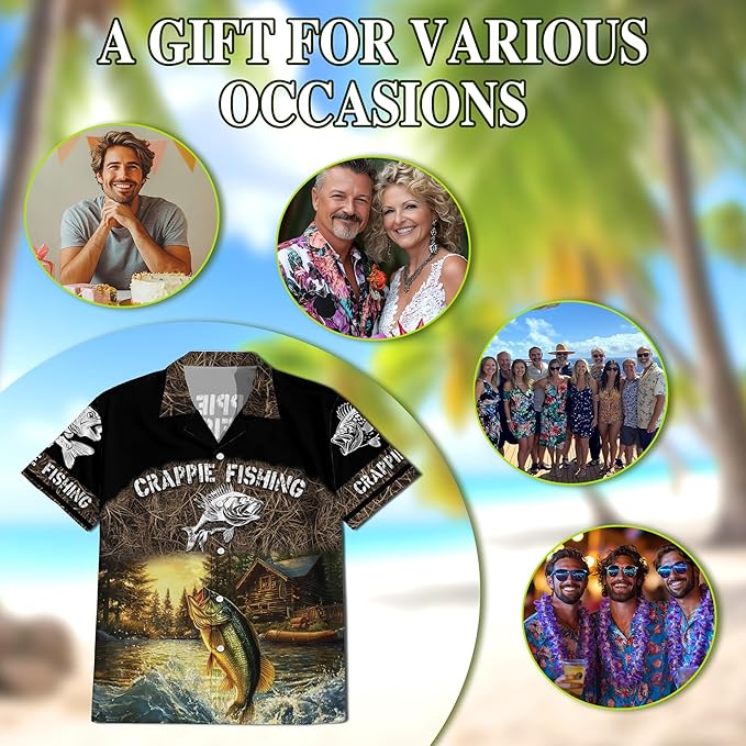 Fishing Crappie Hawaiian Shirt for Men, Button Down Summer Beach Short Sleeve, Fishing Lover Gifts, Sizes S-5XL