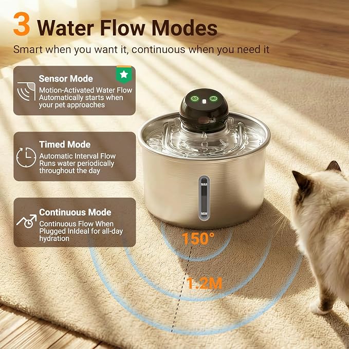 Cordless Cat Water Fountain, 3L Stainless Steel Quiet Pet Water Fountain | 5000mAh Rechargeable Battery, 101oz Large Capacity, 3 Flow Options, 4 Replacement Filters, Cats & Small Dogs