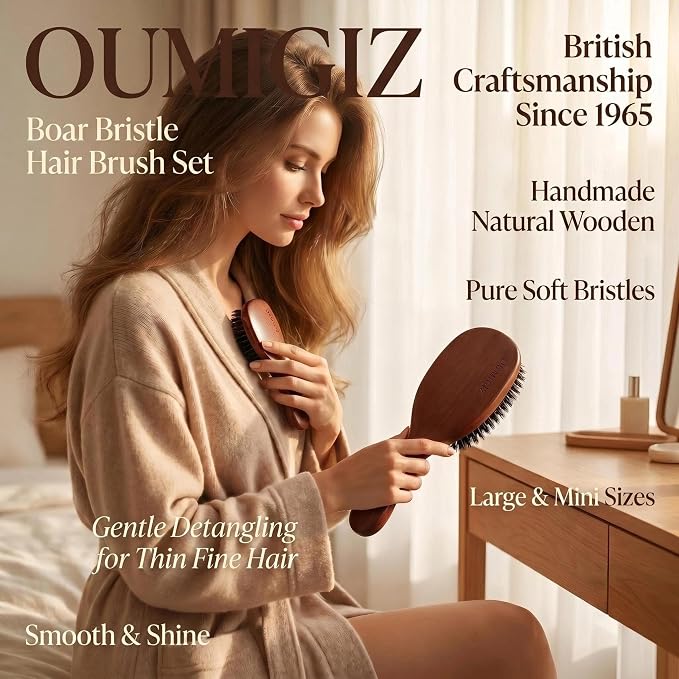 Boar Bristle Hair Brush Set, Large and Mini, Since 1965 British Craftsmanship Handmade Natural Wooden, Pure Soft Bristles, Gentle Detangling for Women Men Kids, Thin Fine Hair, Smooth & Shine