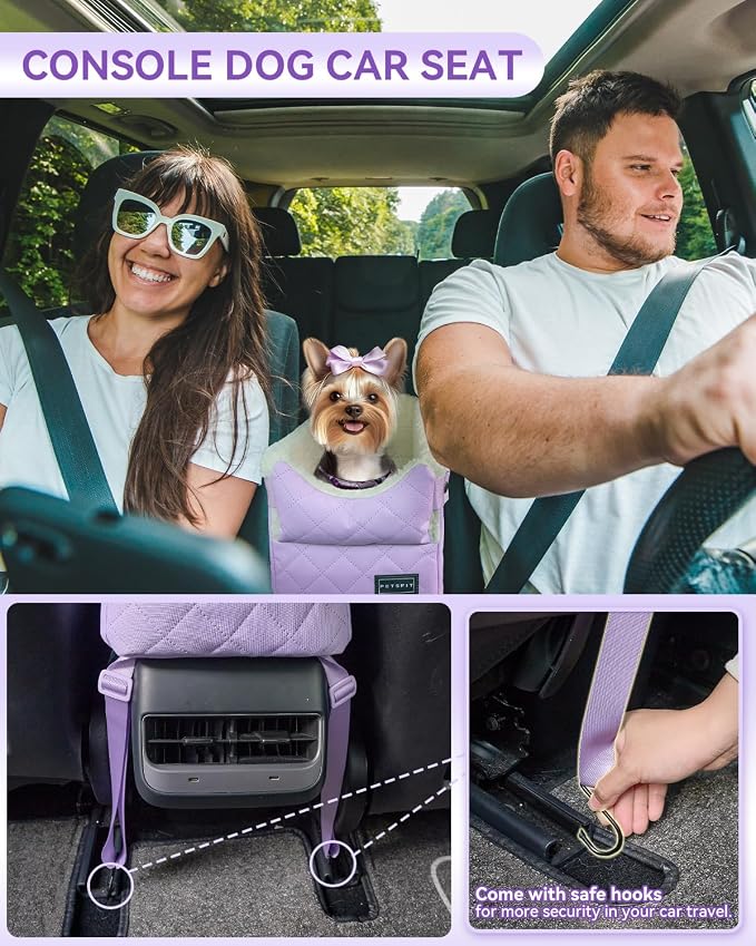 PETSFIT Cat Car Seat with Dual Adjustable Seat-Rail Anchor Hooks | Anti-Collapse Leather Dog Console Car Seat with Safety Tether, Washable Cushion, Soft Pillow for Pets Under 8 lbs, Purple