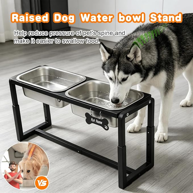 Metal Elevated Dog Bowls Medium/Large Breed with 2 Thick 1.2GAL Stainless Steel Raised Dog Bowl, Adjustable Height 3 Levels (8.8"-11.5"-14") Neck & Joint Protection