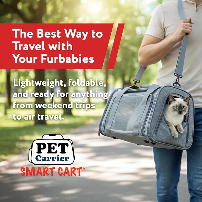 dbest Products Pet Smart Cart Sport, Soft Sided Collapsible Cat Carrier Airline Approved with Mesh Panels and Easy Side/Top Loading, Grey