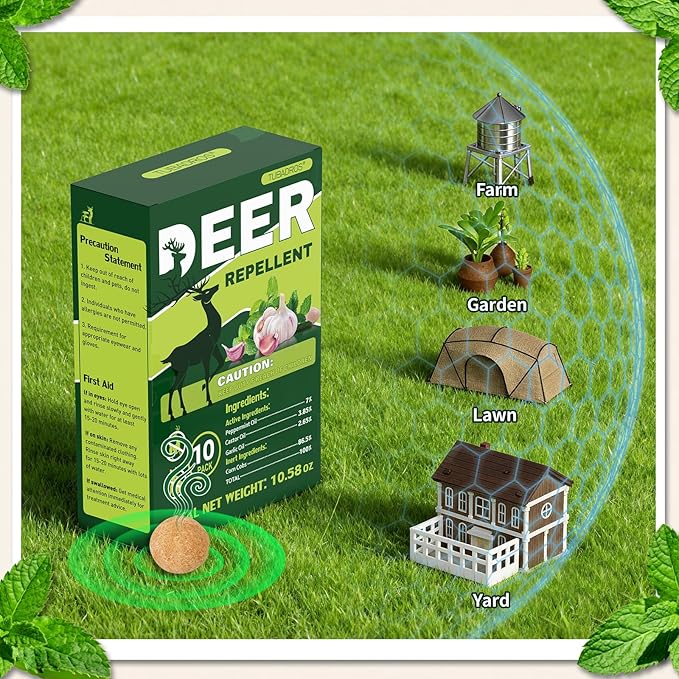 Deer Repellent, Deer & Rabbit Repellent, Peppermint Oil to Repel Deer, Rabbit, Deer Deterrent Outdoor for Lawn, Garden Use, Yard-10 Pack