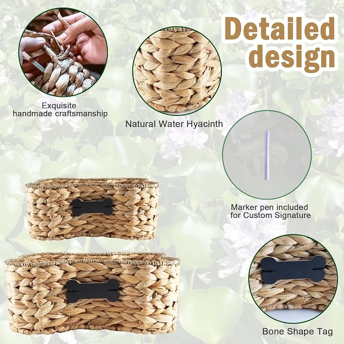 Set Of 2 Pet Dog Toy Basket-Dog Bone Basket-Wicker Basket for Pet Stuff-Dogs Toy Box for Living Room Area-Handmade Water Hyacinth Baskets with DIY Tag ﻿