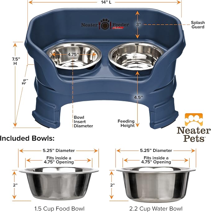 Neater Feeder Deluxe Mess-Proof Elevated Dog Bowls for Small Dogs (Up to 19 lbs), 2 Height Adjustable (6” & 7.5”) No-Spill Raised Dog Bowl Stand, Stainless Steel Food Bowl Set, Made in USA, Dark Blue