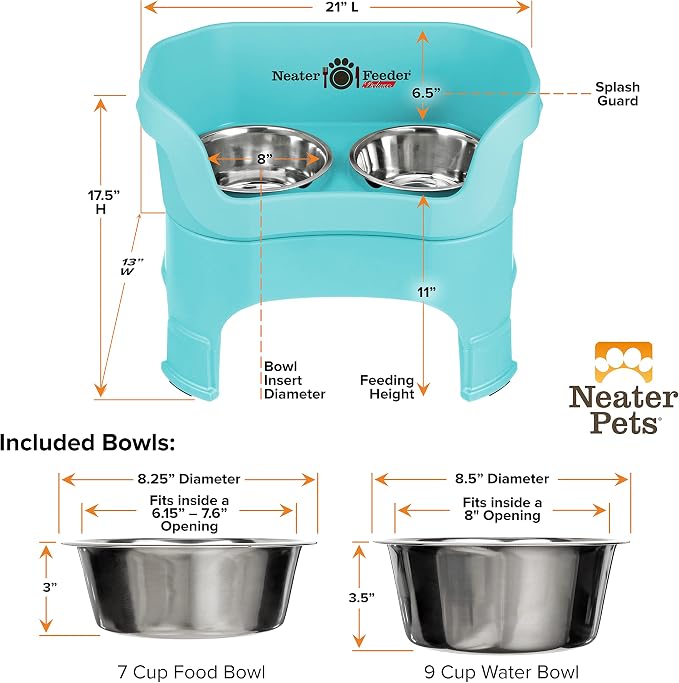 Neater Feeder Deluxe Mess-Proof Elevated Dog Bowls for Large Dogs (40+ lbs), 2 Height Adjustable (14.5” & 17.5”) No-Spill Raised Dog Bowl Stand, Stainless Steel Food Bowl Set, Made in USA, Aquamarine