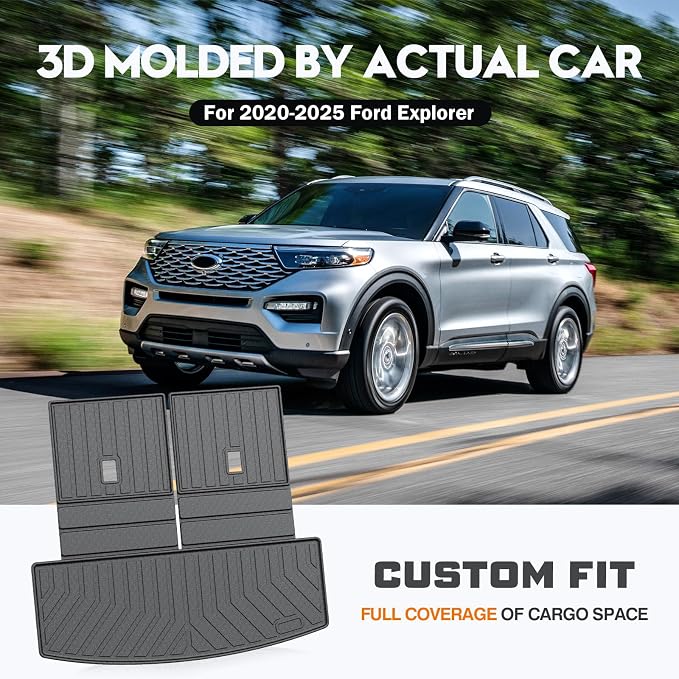 KUST Trunk Cargo Mat for Ford Explorer 2020-2025 2026 (6 Seats), TPE Rubber Rear Cargo Liner with 2nd/3rd Row Backrest Mat for Explorer Accessories All Weather Back Seat Protector Cover