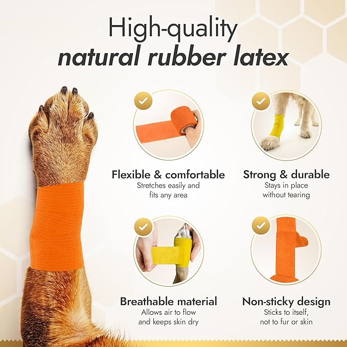 Self-Adhering Cat and Dog Wound Care Bandages – 6 pcs x 5 cm Set of Elastic Dog Bandages for Wounds Prevent Licking and Scratching – Made from Breathable Rubber Latex