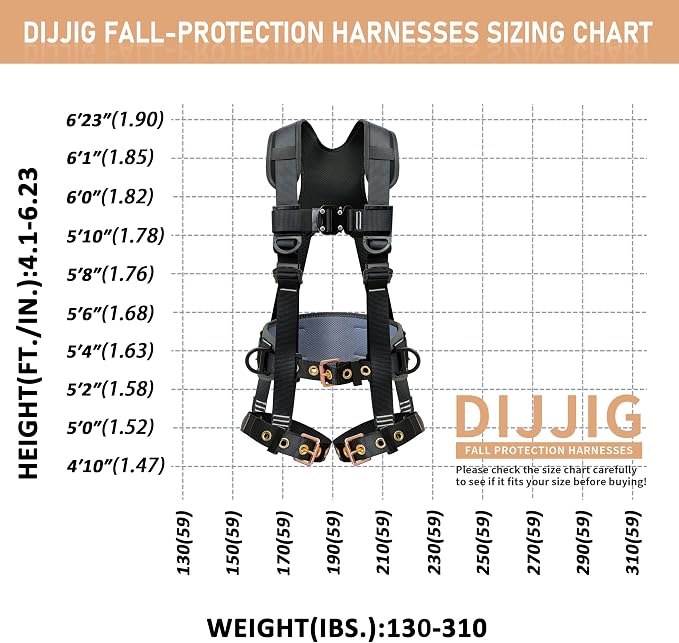 DIJJIG Full Body Safety Harness OSHA/ANSI Compliant for Construction | 5-point adjustable fall protection harness with padded design for roofing and construction work