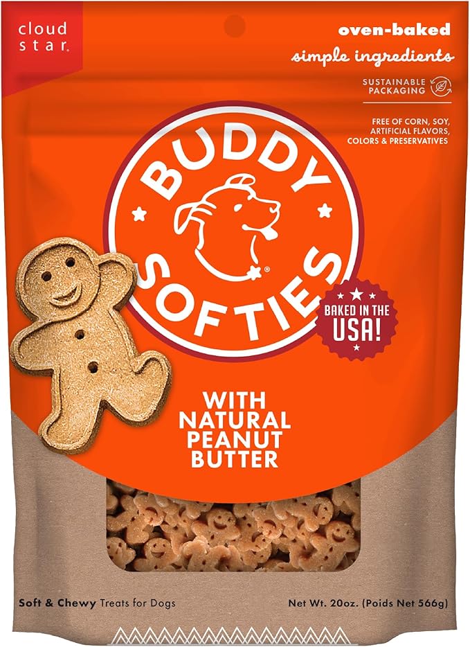 Buddy Biscuit Softies 20 oz Pouch, Soft & Chewy, Natural Peanut Butter Flavor Dog Treats, Oven Baked in the USA
