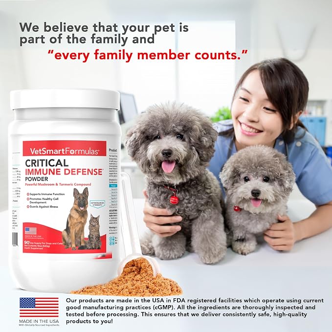Critical Immune Defense for Dogs & Cats; Supports Normal Cell Growth - Turkey Tail, Reishi, Shiitake and Maitake Mushroom Formula with Patented White Turmeric Root Extract (Large / 90 Day Avg. Supply)