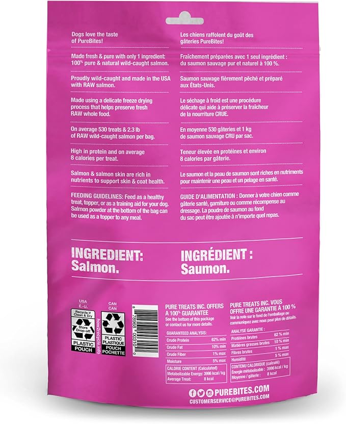 PureBites Salmon Freeze Dried Dog Treats, 1 Ingredient, Made in USA, 9.5oz