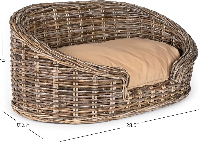 DBD1000A Curvy 28.5" x 17.25" Classic Handwoven Rattan Dog Bed with Machine-Washable Cushion, Kubu Gray