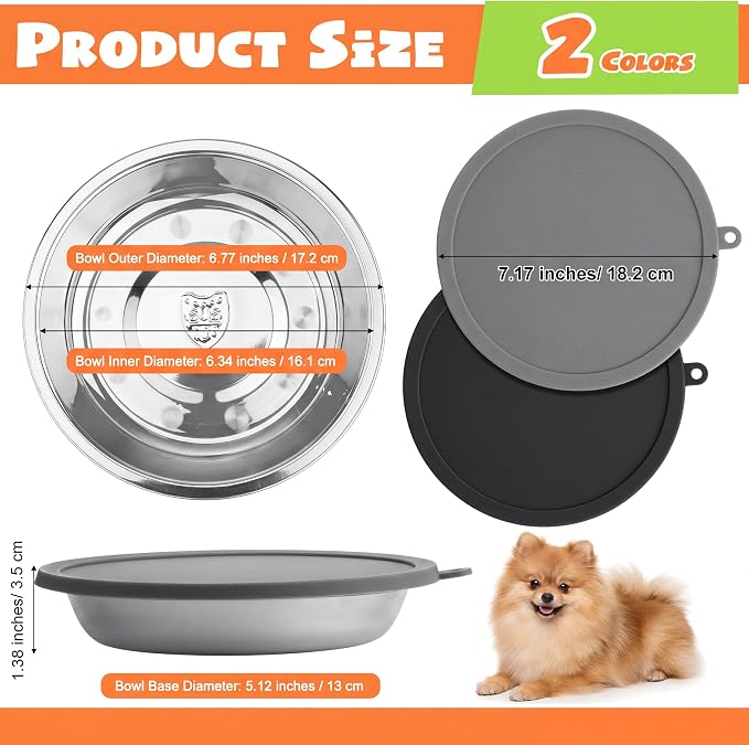 Patelai Stainless Steel Dog Bowls with Silicone Lids for 1.9 Cups Portable Food and Water Dishes for Pets Sealable Containers for 6.3" for Cats & Small Dogs(4 Pcs,Black,Gray)