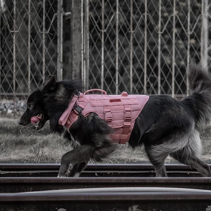 OneTigris Large Tactical Dog Harness, No Pulling Adjustable Dog Vest Harness, Heavy Duty Dog Harness with Handle, Large Hook and Loop Panels for Patch(Pink,XL