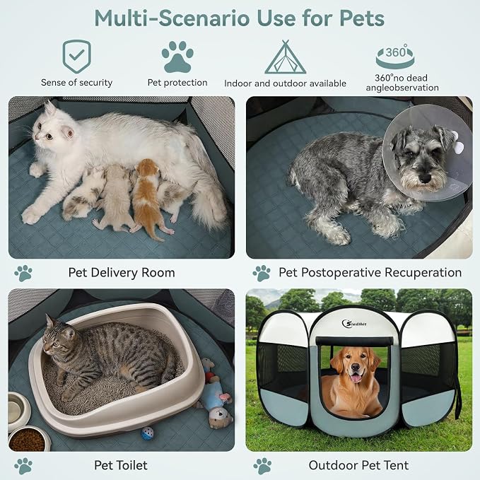 Siedihit Dog Pet Playpen Tent Crate Cage with Washable Pee Pad, Large Grey | Pet Nursing Enclosure Camping Rest Zone for Recovering Pets 600D waterproof polyester Oxford, Breathable double-layer mesh