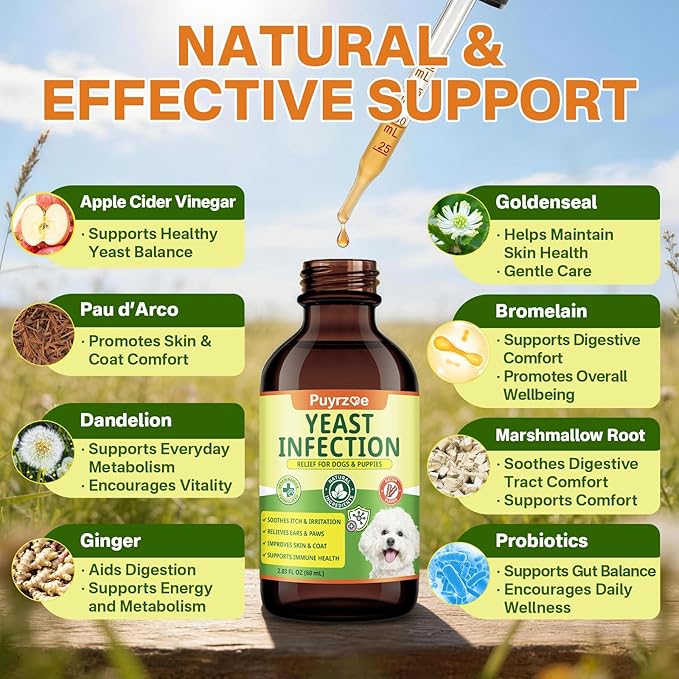 puyrzoe Natural Yeast Infection Treatment for Dogs, Itchy Ears, Skin, Paws & Allergy Relief, Yeast Treatment for Dogs, Supports Gut & Immune Health, Reduces Itching, Irritation & Inflammation, 60ml