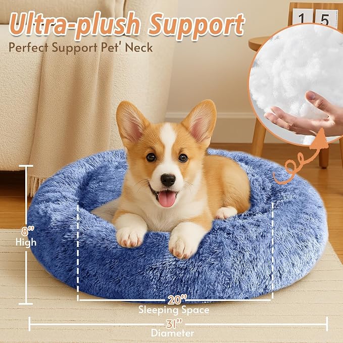 JOLLYVOGUE Calming Dog Bed Medium Size Dog, 31in Donut Washable Medium Pet Bed, Anti-Slip & Anti-Anxiety Fluffy Faux Fur Round Dogs Bed, Fits up to 45 lbs Pets (Navy Blue)