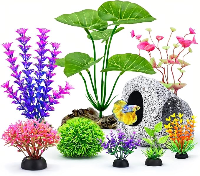 9 Pack Fish Tank Decorations Set Aquarium Decor Rock Cave Hideout, Artificial Aquarium Plants Plastic Betta Leaf Hammock Goldfish Betta Fish Tank Accessories Small Large Fish Bowl Ornaments