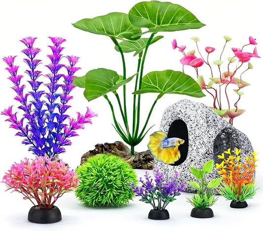 9 Pack Fish Tank Decorations Set Aquarium Decor Rock Cave Hideout, Artificial Aquarium Plants Plastic Betta Leaf Hammock Goldfish Betta Fish Tank Accessories Small Large Fish Bowl Ornaments